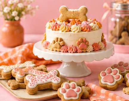 Celebration cake and decorative paw and bone biscuits