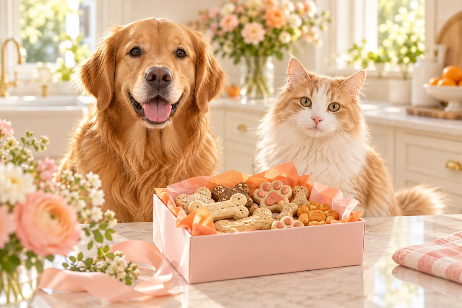 A golden retriever and a cat beside a pink bakery gift box